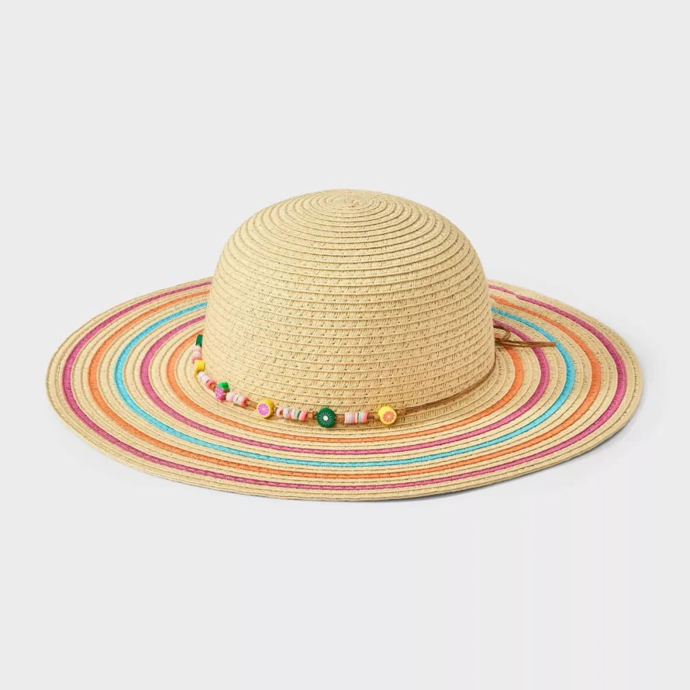 Girls' Paper Straw with Fruit Beads Floppy Sun Hat