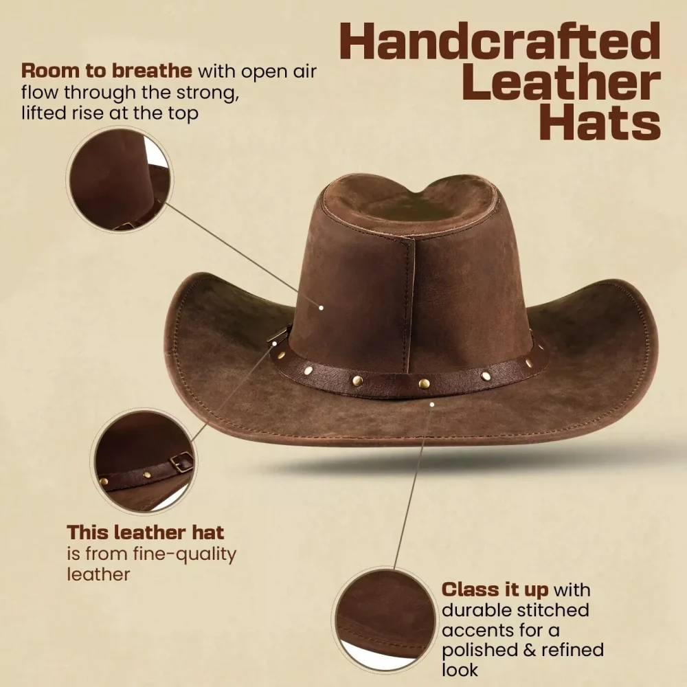 Men and Women Brown Genuine Leather Cowboy Western Hat - Image 2