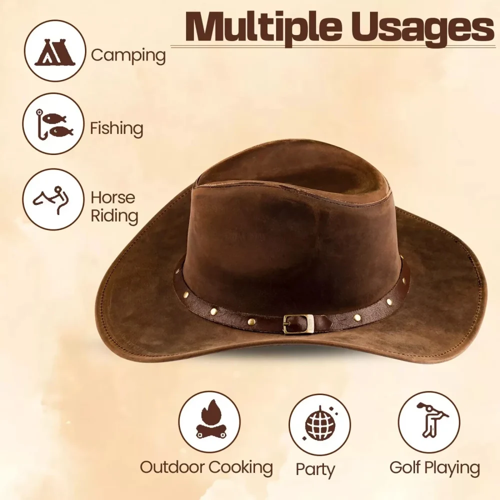 Men and Women Brown Genuine Leather Cowboy Western Hat - Image 3