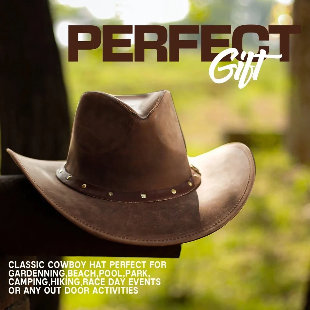 Men and Women Brown Genuine Leather Cowboy Western Hat - Image 4